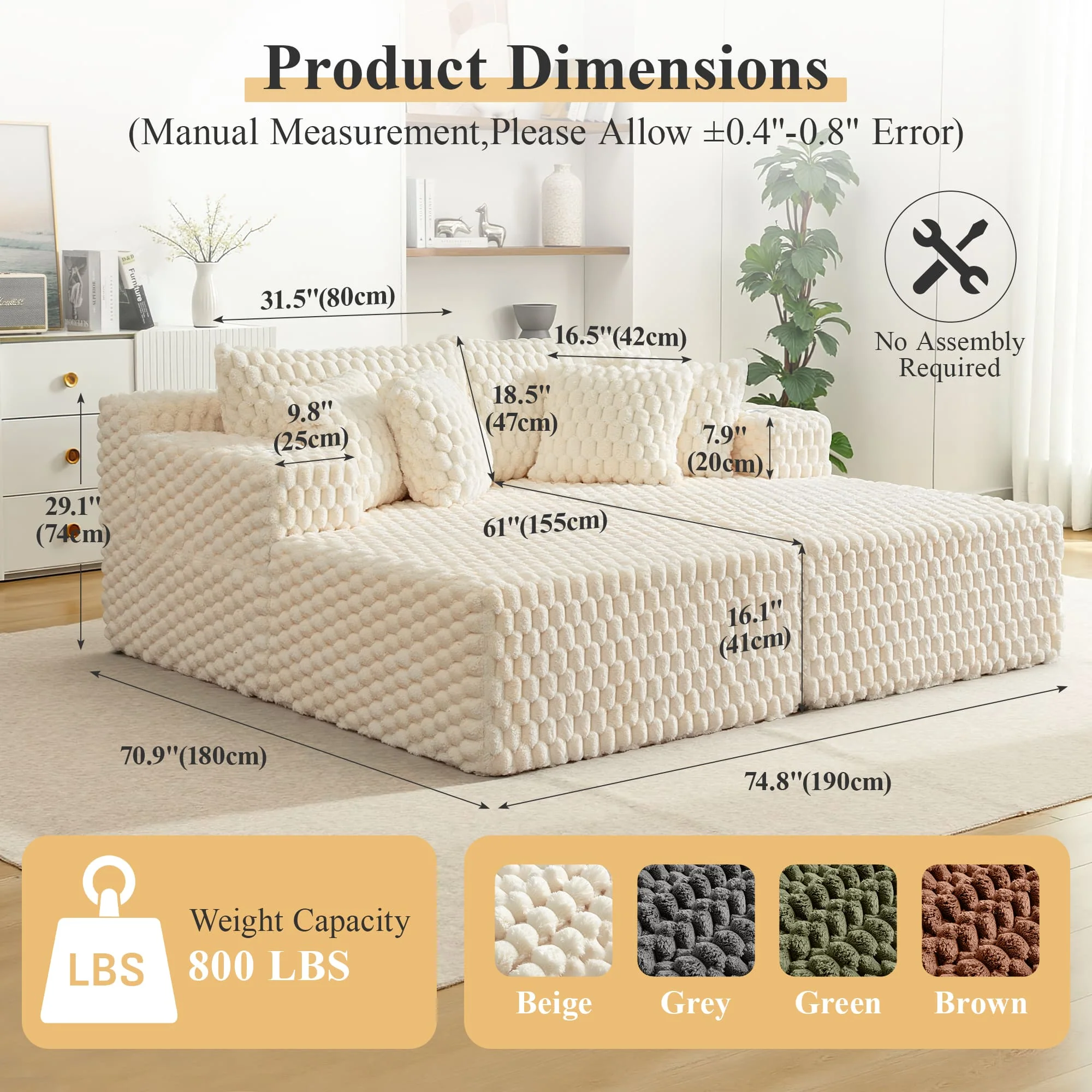 74.8" Oversize Corduroy Double Lounge Chaise Sofa Bed - Image 7