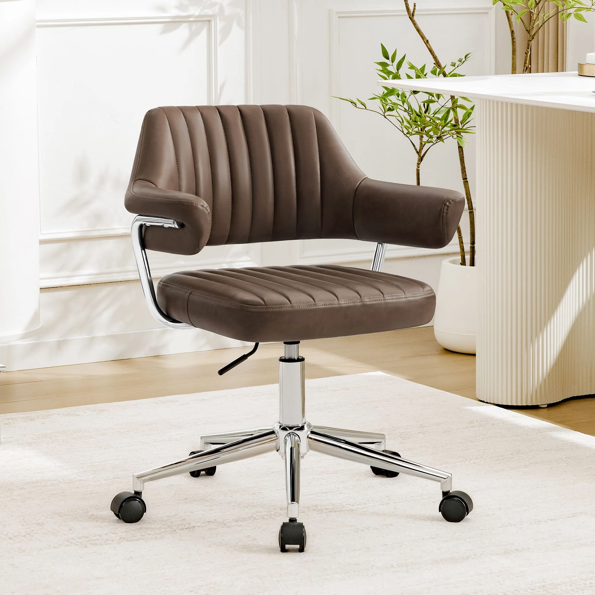 Adjustable PU Leather Swivel Vanity Chair with Arms - Image 11