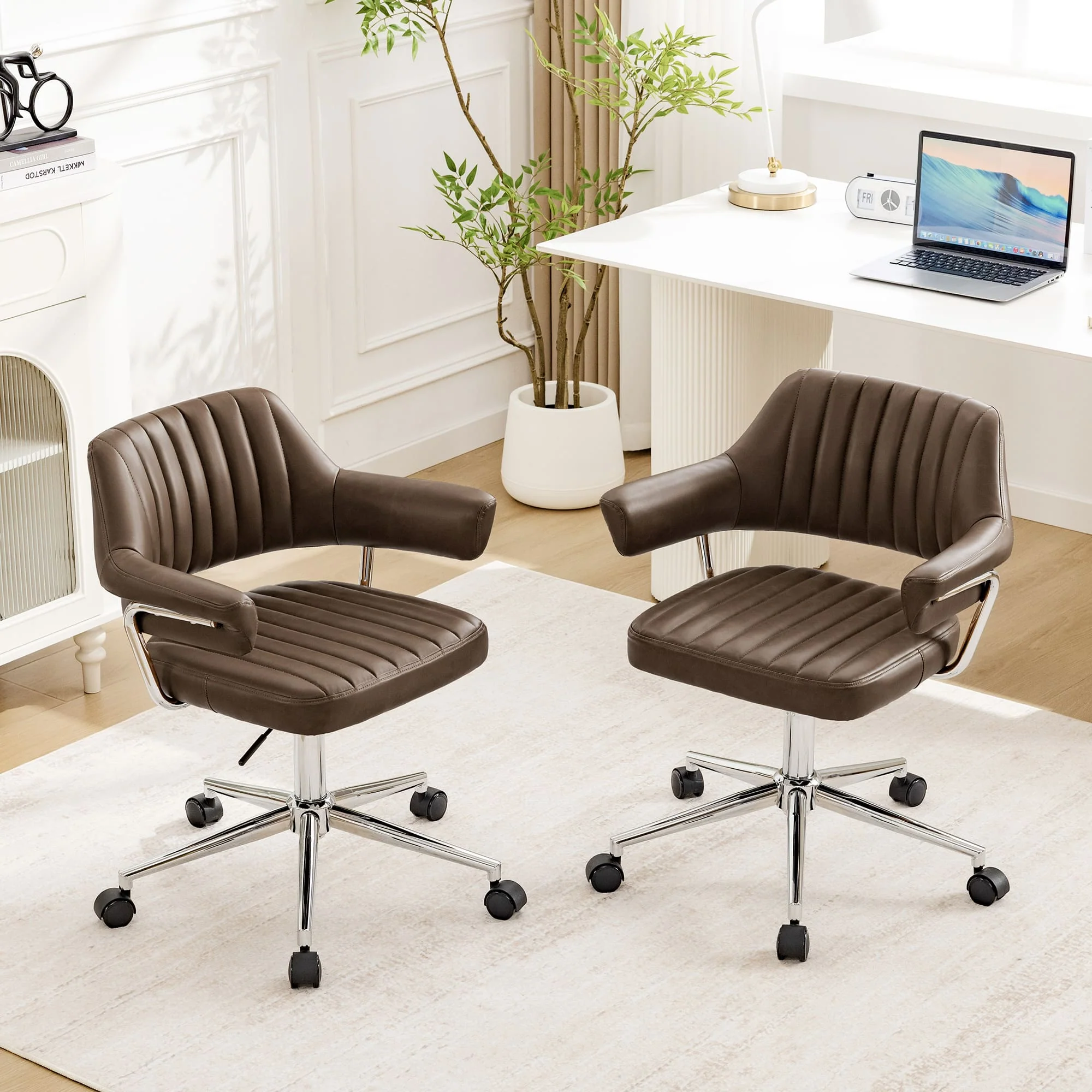 Adjustable PU Leather Swivel Vanity Chair with Arms - Image 12