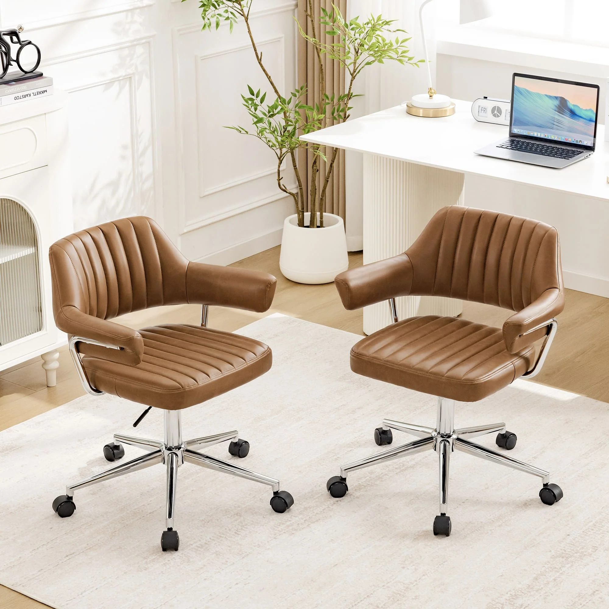 Adjustable PU Leather Swivel Vanity Chair with Arms - Image 3