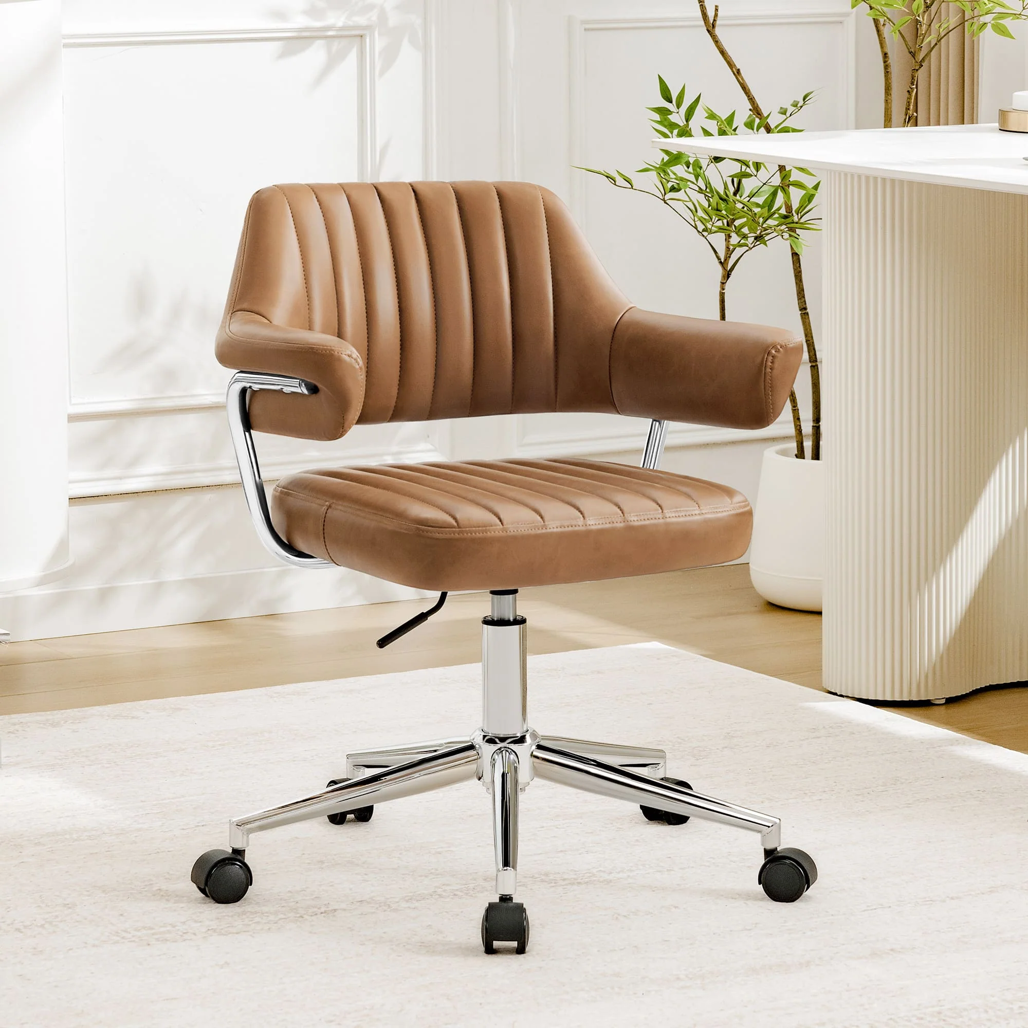 Adjustable PU Leather Swivel Vanity Chair with Arms - Image 7