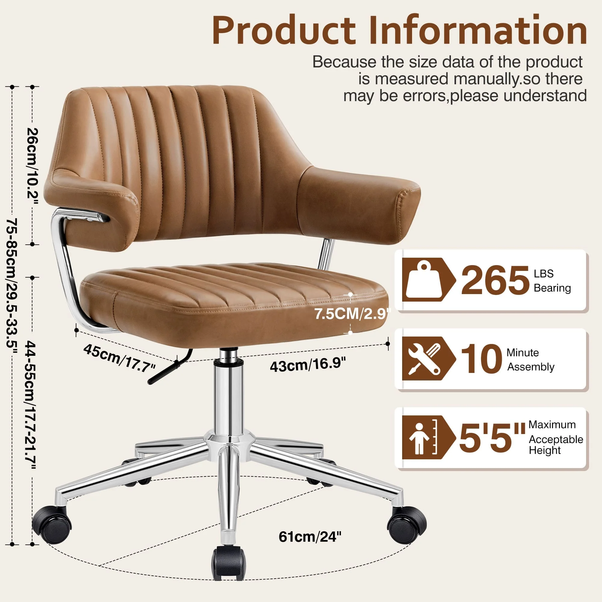 Adjustable PU Leather Swivel Vanity Chair with Arms - Image 9