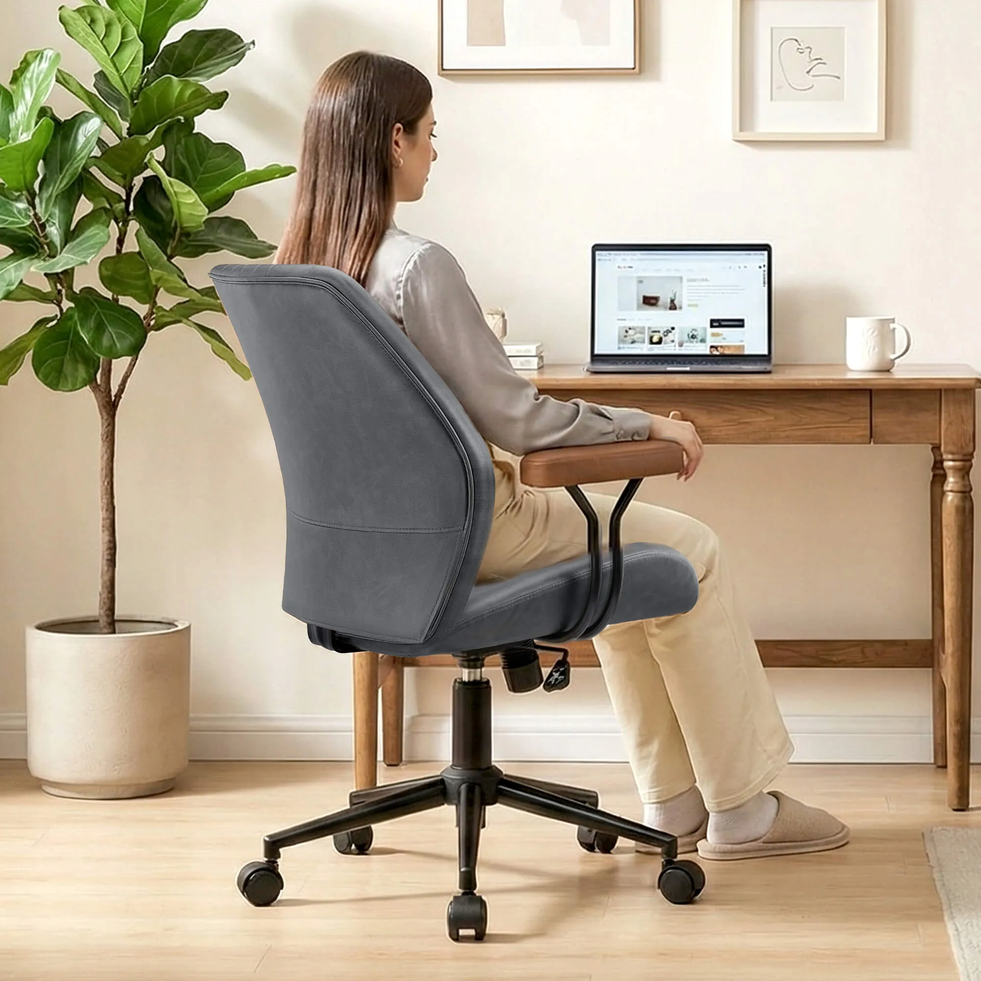 High Back Suede Office Chair Adjustable Home Desk Chair with Lumbar Support - Image 13