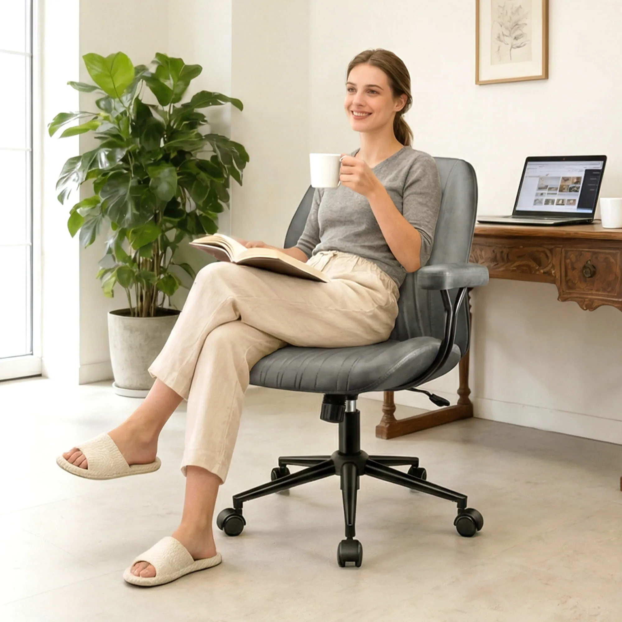 High Back Suede Office Chair Adjustable Home Desk Chair with Lumbar Support - Image 14