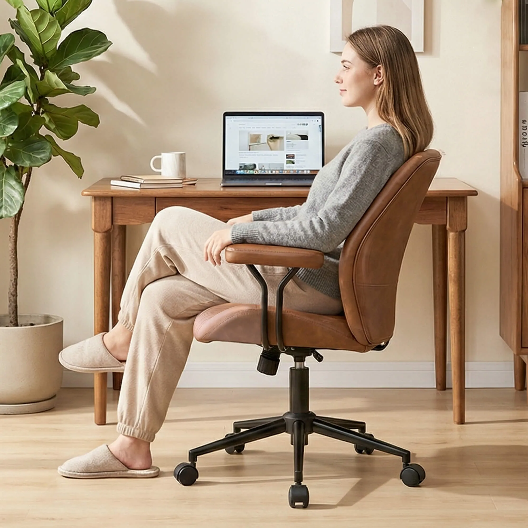 High Back Suede Office Chair Adjustable Home Desk Chair with Lumbar Support - Image 4