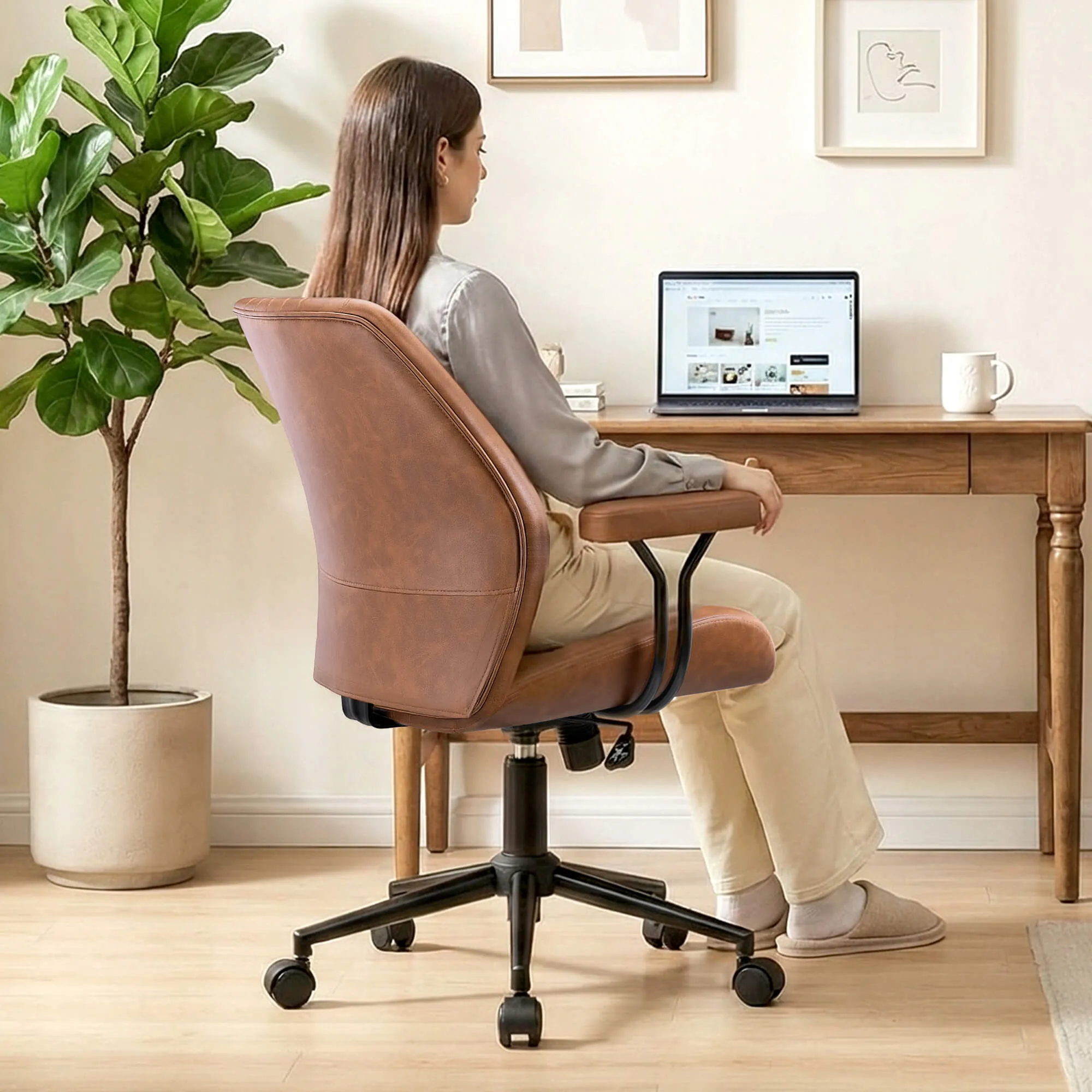 High Back Suede Office Chair Adjustable Home Desk Chair with Lumbar Support - Image 5