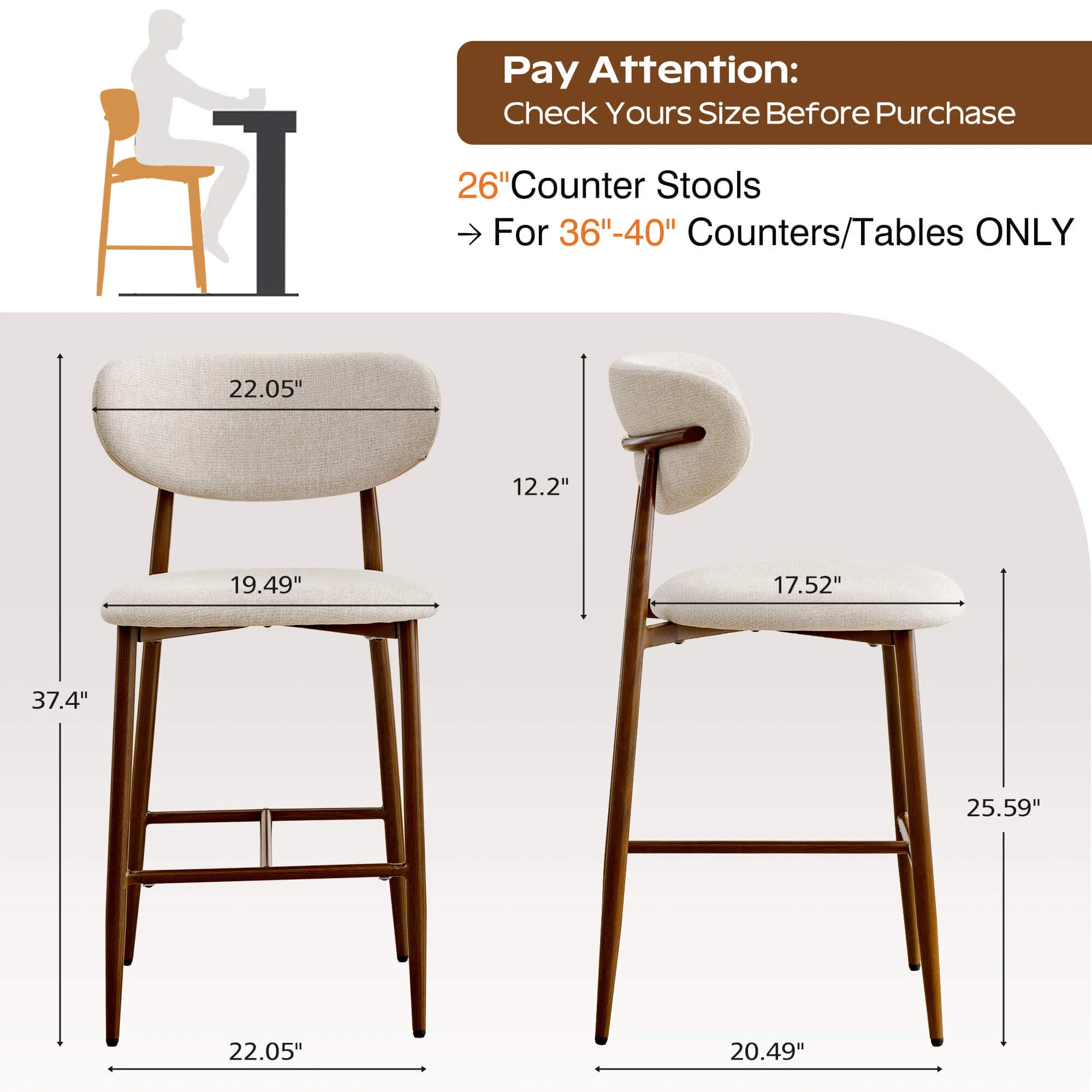 Modern Upholstered Counter Height Bar Stools Set of 2 with Solid Wood Legs - Image 6