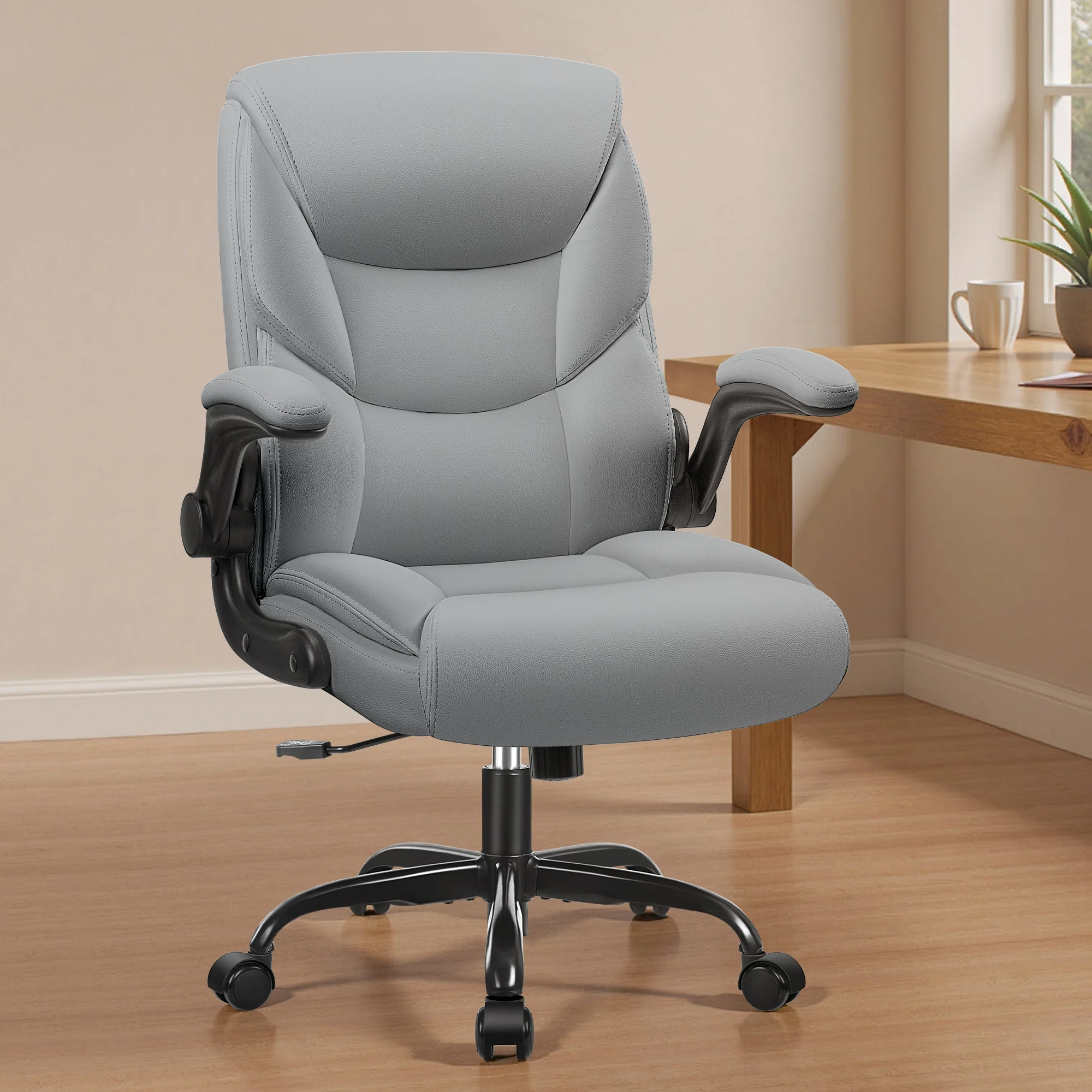 Primy Compact PU Leather Office Chair - Ergonomic Adjustable Height Computer Desk Chair with Flip-Up Armrests, Mid-Back Executive Swivel Chair on Wheels for Small Spaces & Petite Users - Image 10