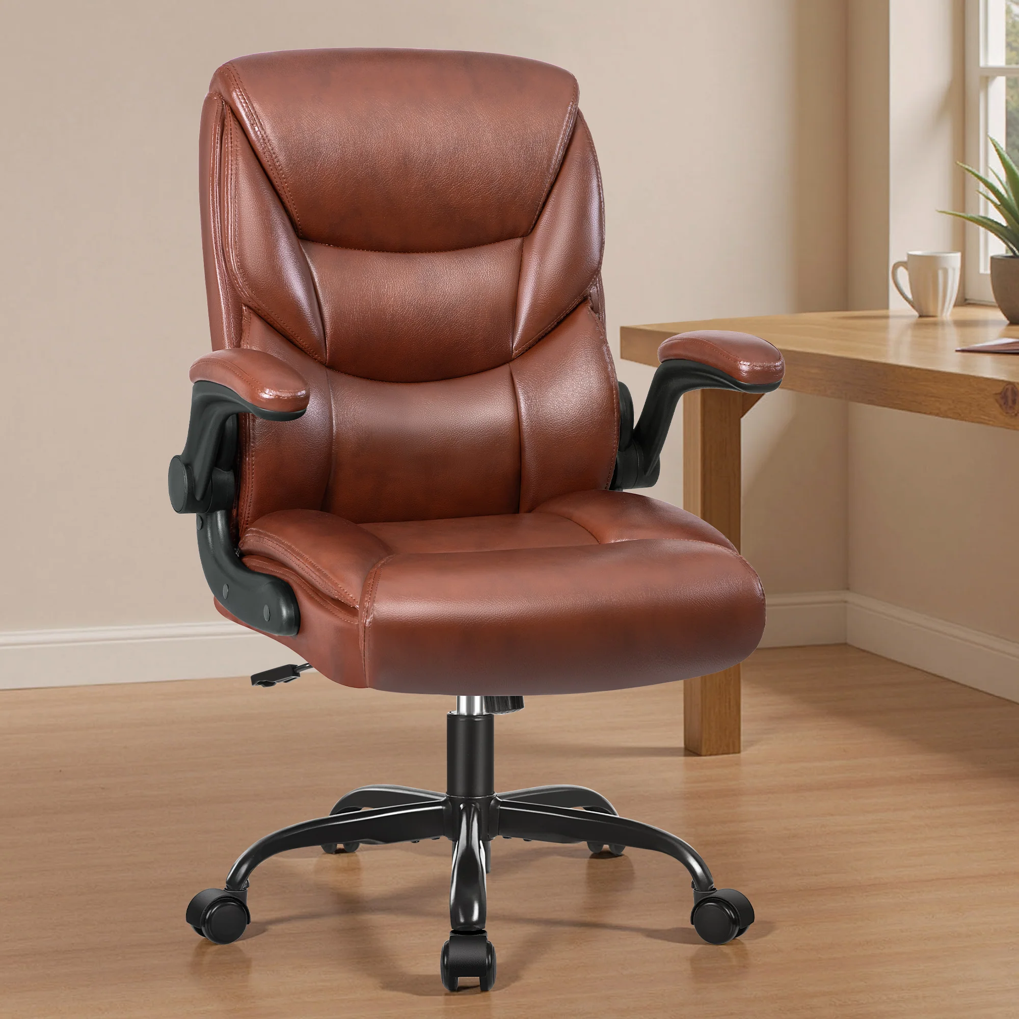 Primy Compact PU Leather Office Chair - Ergonomic Adjustable Height Computer Desk Chair with Flip-Up Armrests, Mid-Back Executive Swivel Chair on Wheels for Small Spaces & Petite Users - Image 11
