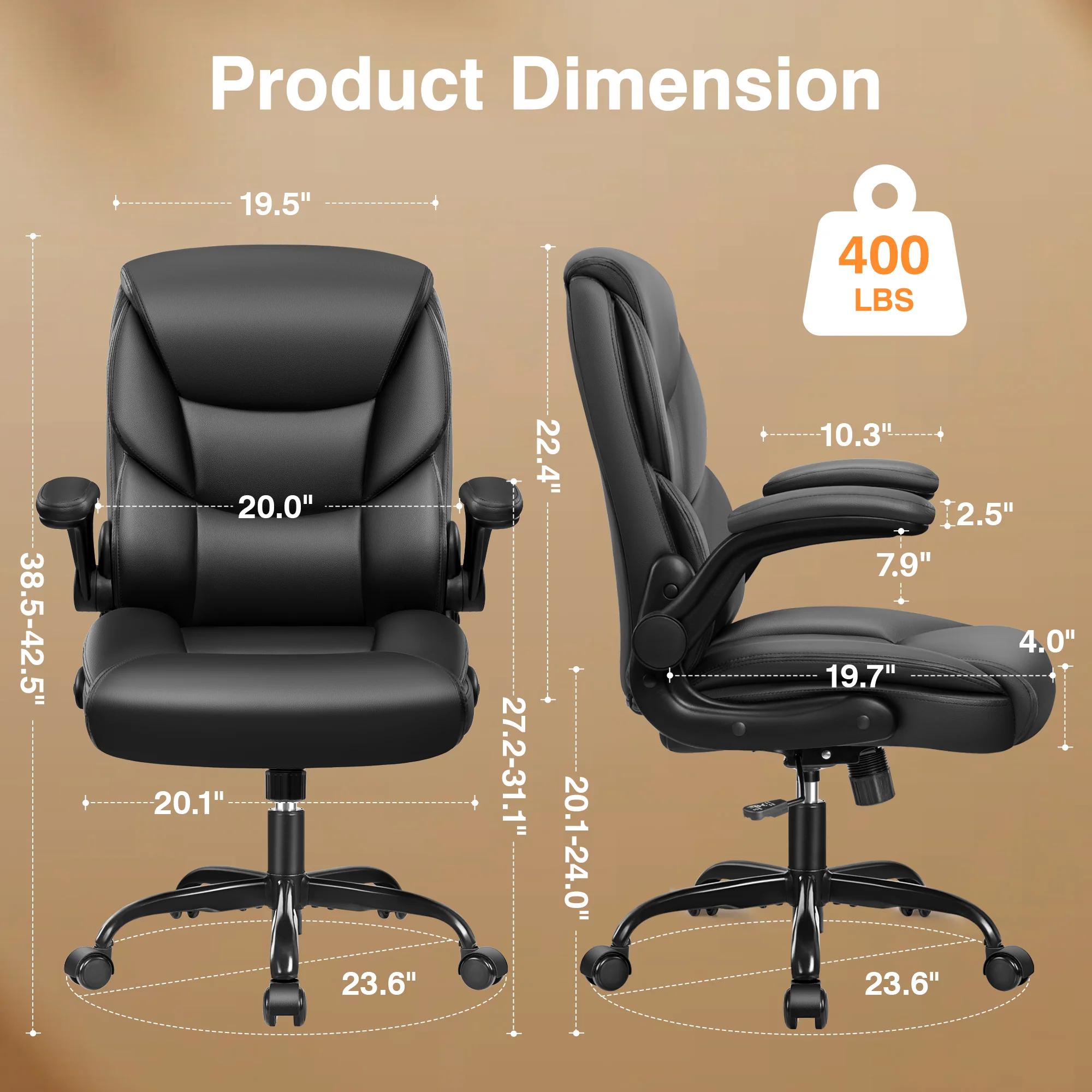 Primy Compact PU Leather Office Chair - Ergonomic Adjustable Height Computer Desk Chair with Flip-Up Armrests, Mid-Back Executive Swivel Chair on Wheels for Small Spaces & Petite Users - Image 4