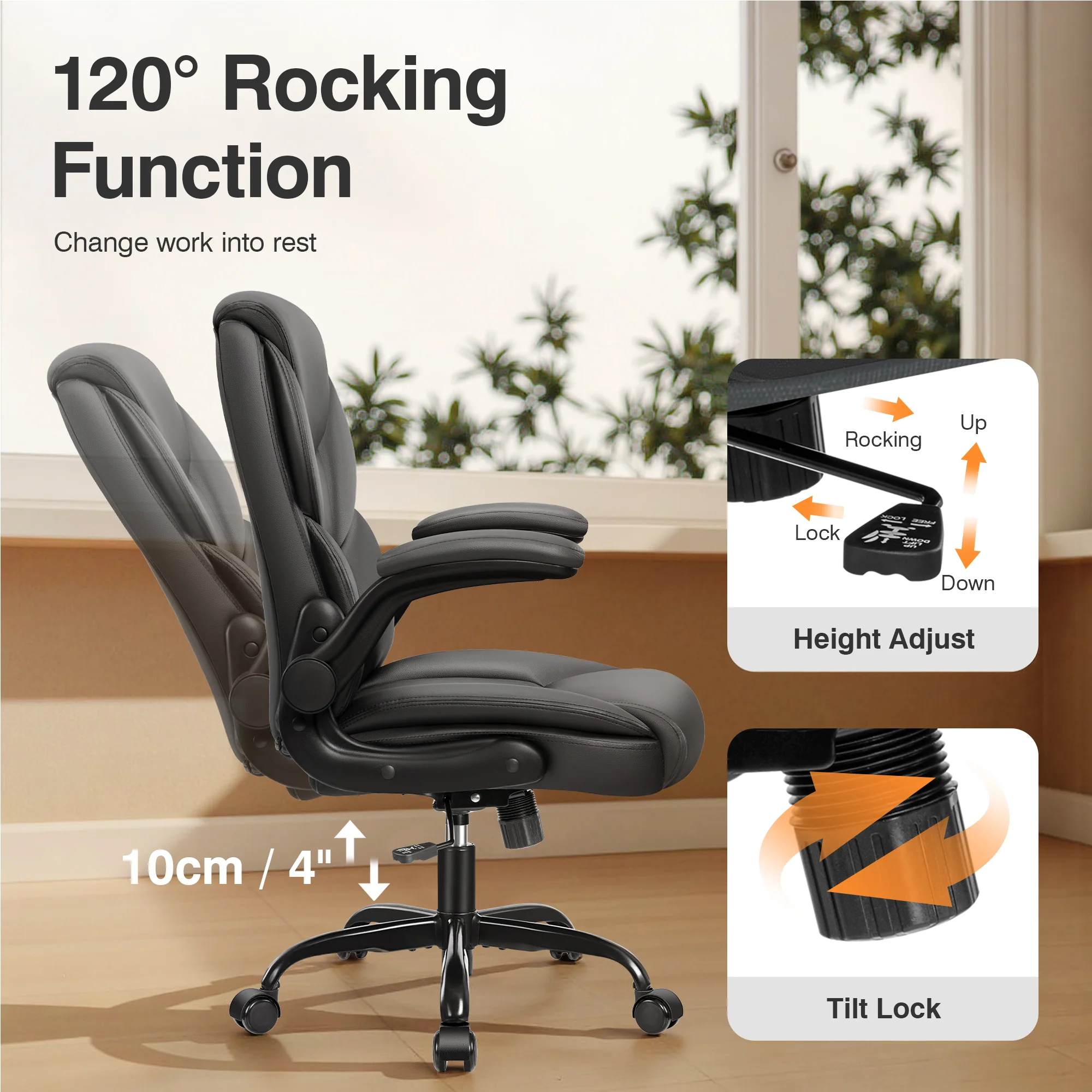 Primy Compact PU Leather Office Chair - Ergonomic Adjustable Height Computer Desk Chair with Flip-Up Armrests, Mid-Back Executive Swivel Chair on Wheels for Small Spaces & Petite Users - Image 6