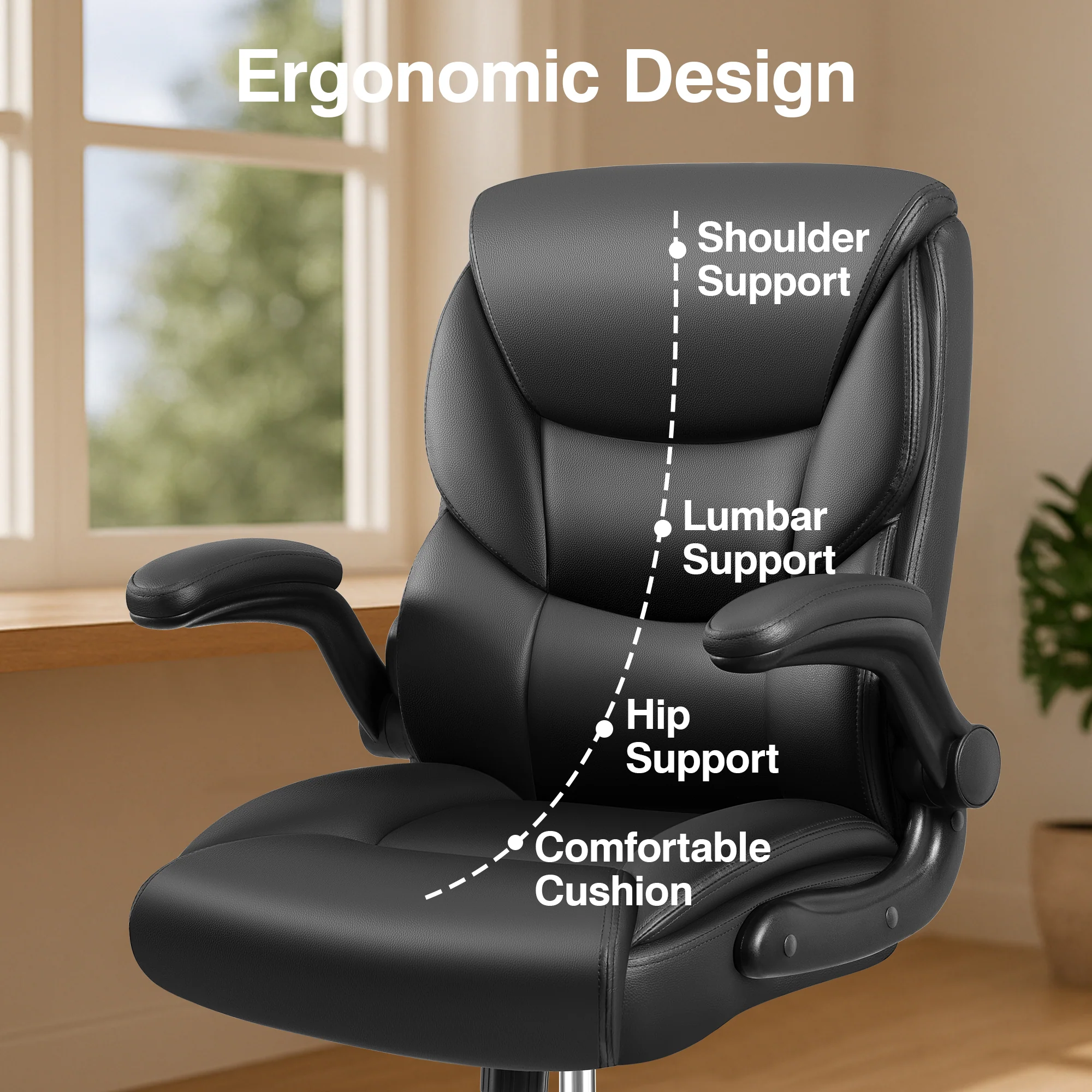 Primy Compact PU Leather Office Chair - Ergonomic Adjustable Height Computer Desk Chair with Flip-Up Armrests, Mid-Back Executive Swivel Chair on Wheels for Small Spaces & Petite Users - Image 7