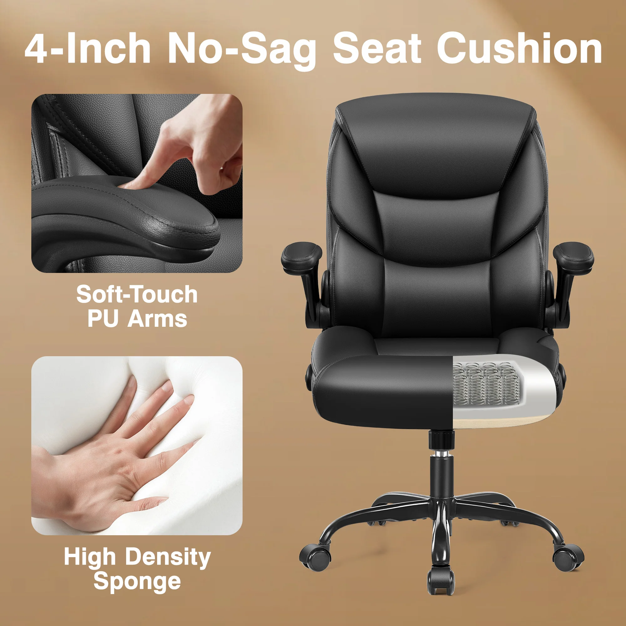 Primy Compact PU Leather Office Chair - Ergonomic Adjustable Height Computer Desk Chair with Flip-Up Armrests, Mid-Back Executive Swivel Chair on Wheels for Small Spaces & Petite Users - Image 8