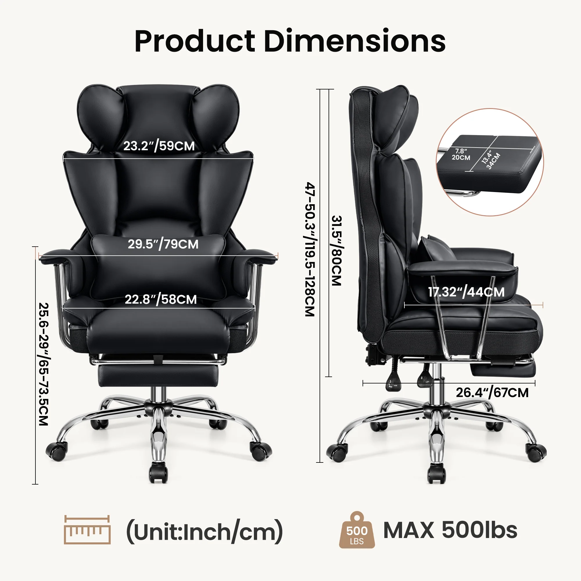 Primy High Back Office Chair, Big and Tall PU Leather Executive Chair with Footrest – Ergonomic Reclining Computer Desk Chair, High-Density Foam, Heavy Duty Swivel Rolling Chair - Image 3