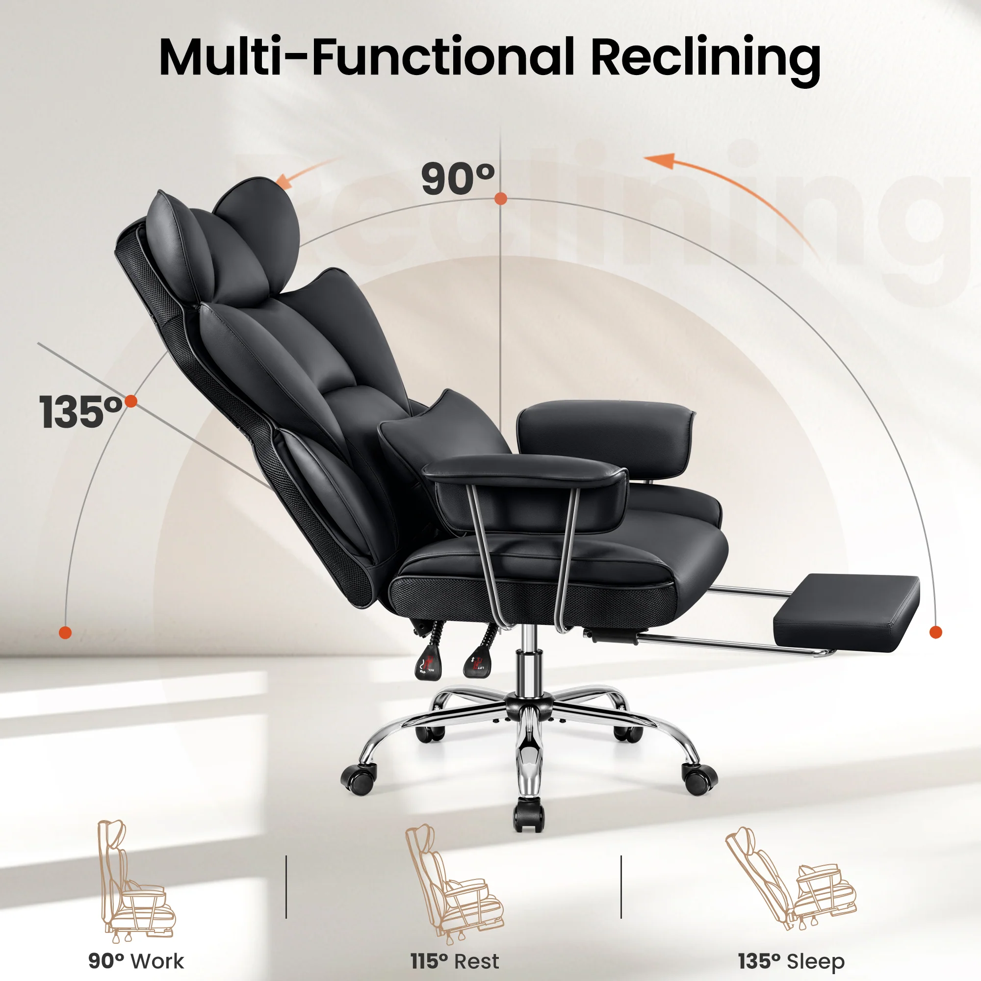 Primy High Back Office Chair, Big and Tall PU Leather Executive Chair with Footrest – Ergonomic Reclining Computer Desk Chair, High-Density Foam, Heavy Duty Swivel Rolling Chair - Image 4