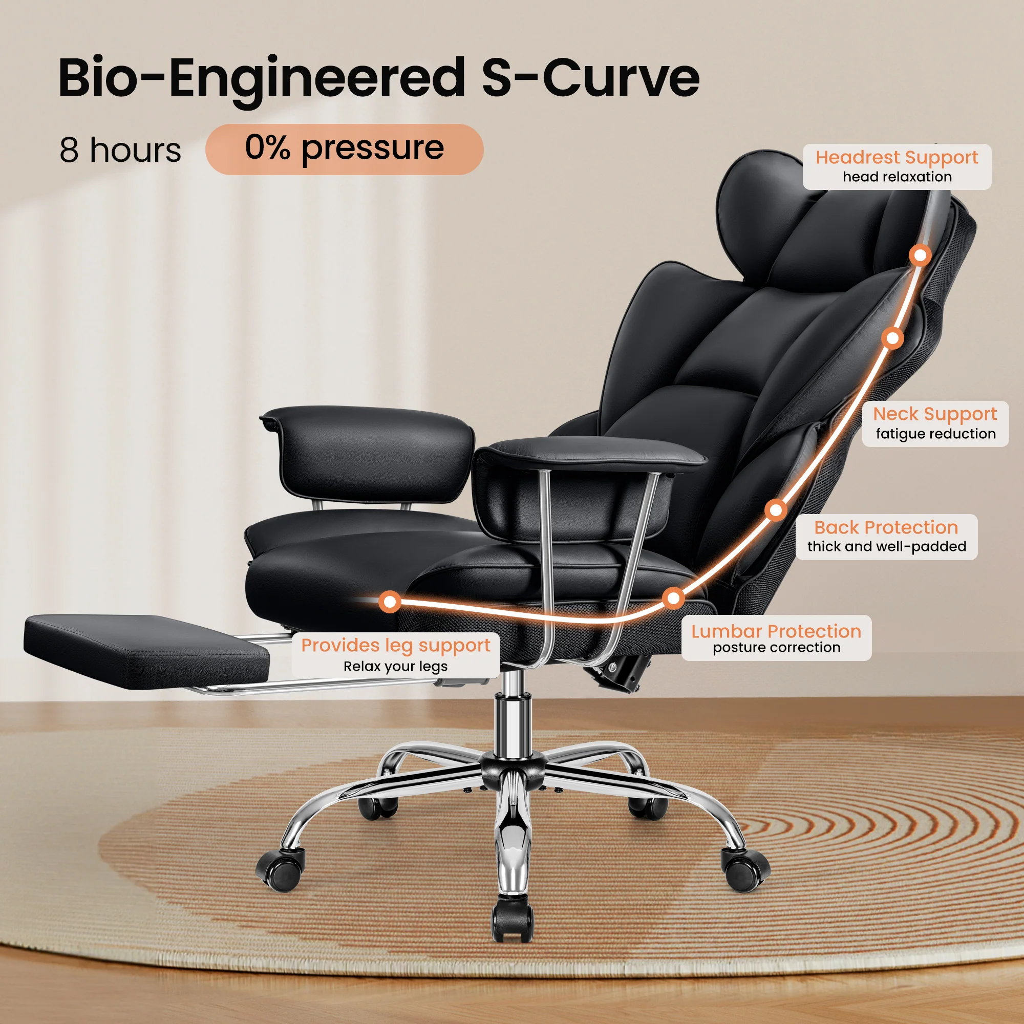 Primy High Back Office Chair, Big and Tall PU Leather Executive Chair with Footrest – Ergonomic Reclining Computer Desk Chair, High-Density Foam, Heavy Duty Swivel Rolling Chair - Image 5