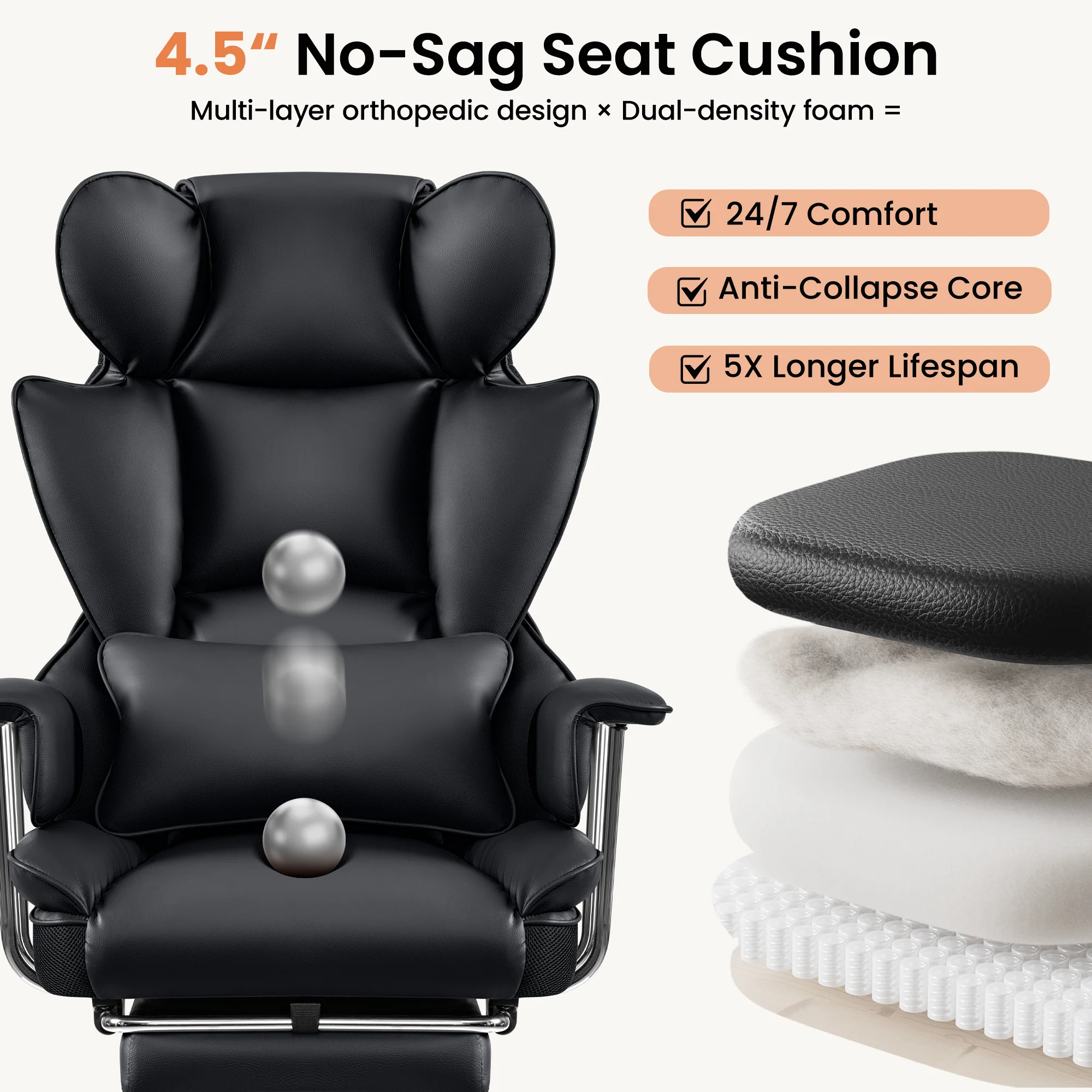 Primy High Back Office Chair, Big and Tall PU Leather Executive Chair with Footrest – Ergonomic Reclining Computer Desk Chair, High-Density Foam, Heavy Duty Swivel Rolling Chair - Image 6