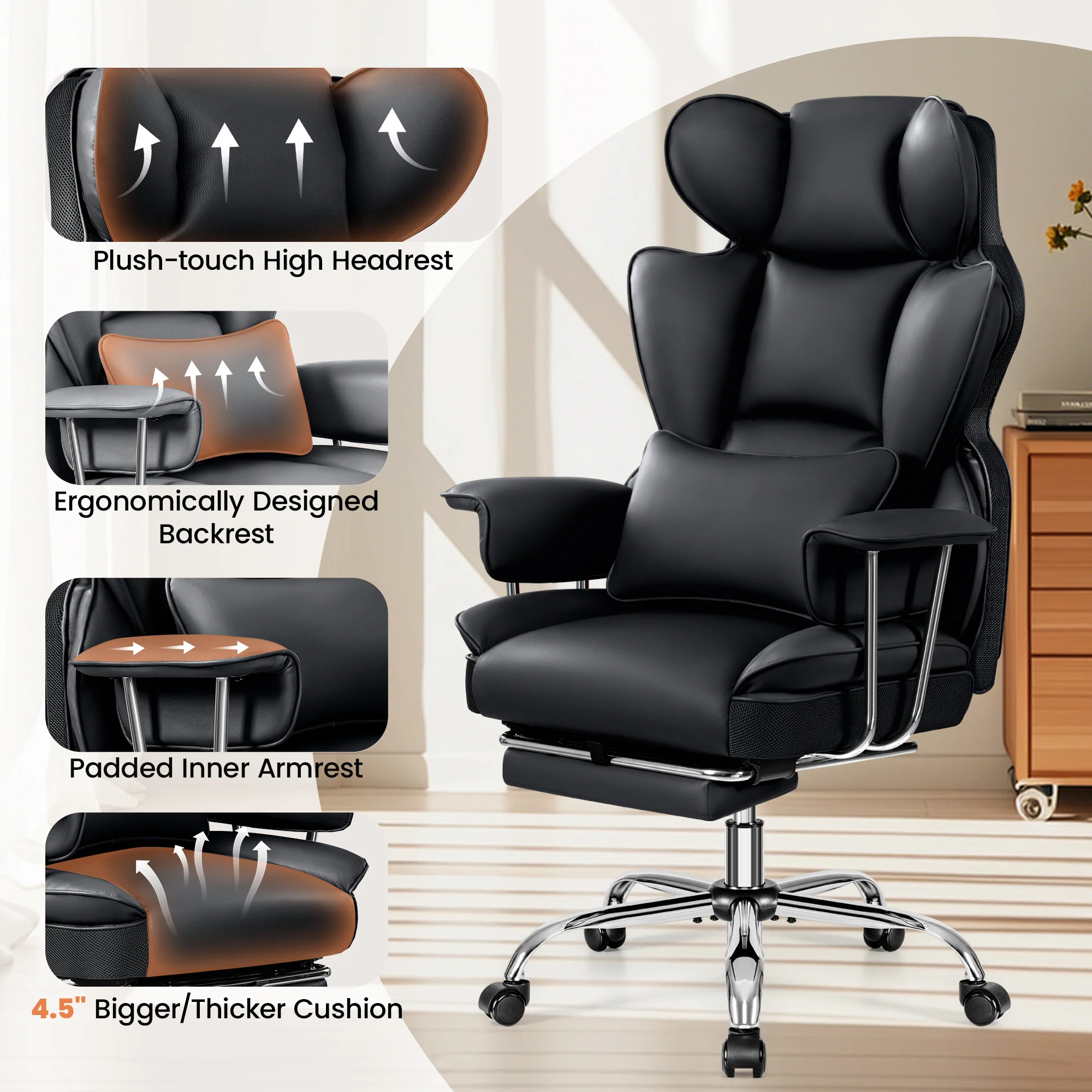 Primy High Back Office Chair, Big and Tall PU Leather Executive Chair with Footrest – Ergonomic Reclining Computer Desk Chair, High-Density Foam, Heavy Duty Swivel Rolling Chair - Image 7
