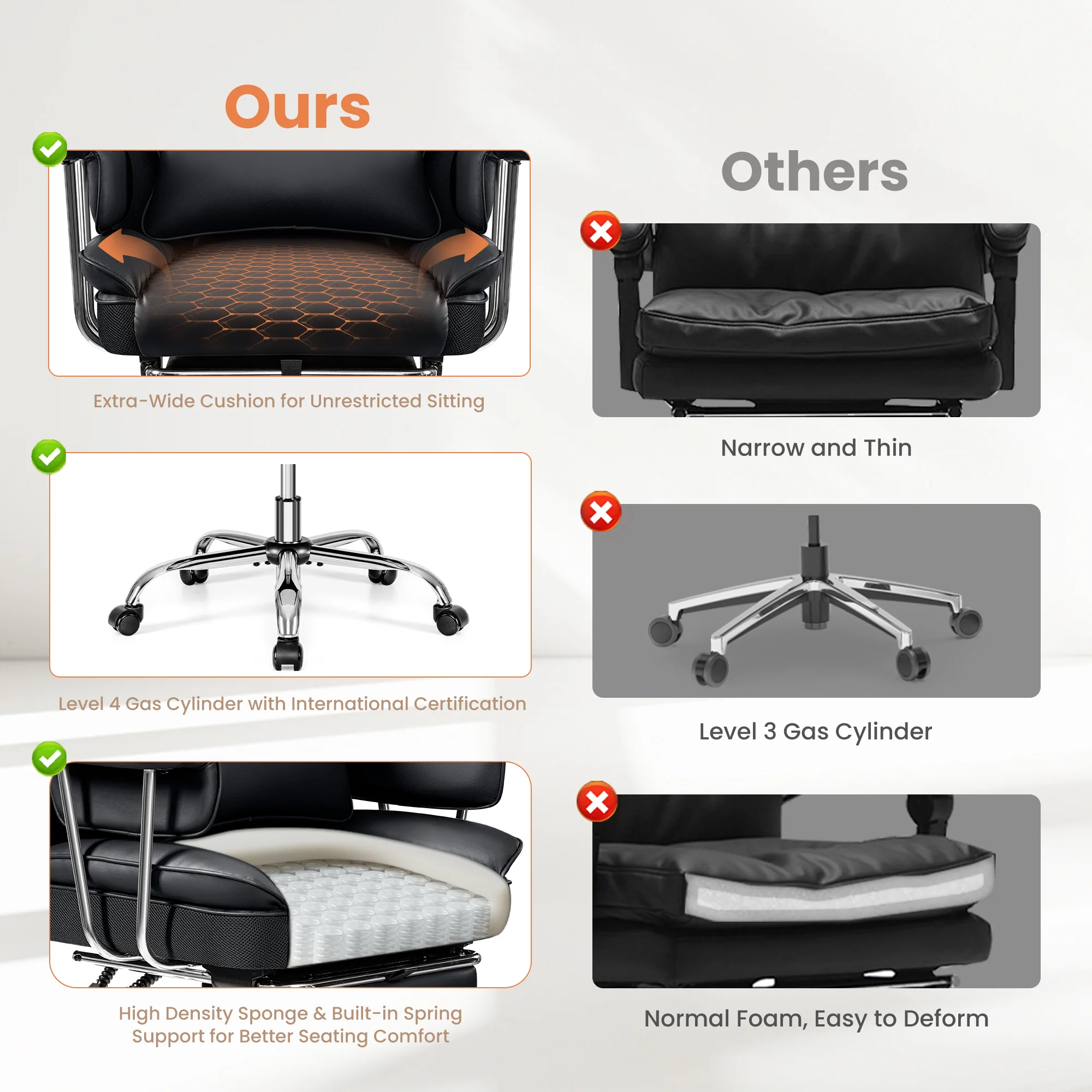 Primy High Back Office Chair, Big and Tall PU Leather Executive Chair with Footrest – Ergonomic Reclining Computer Desk Chair, High-Density Foam, Heavy Duty Swivel Rolling Chair - Image 8