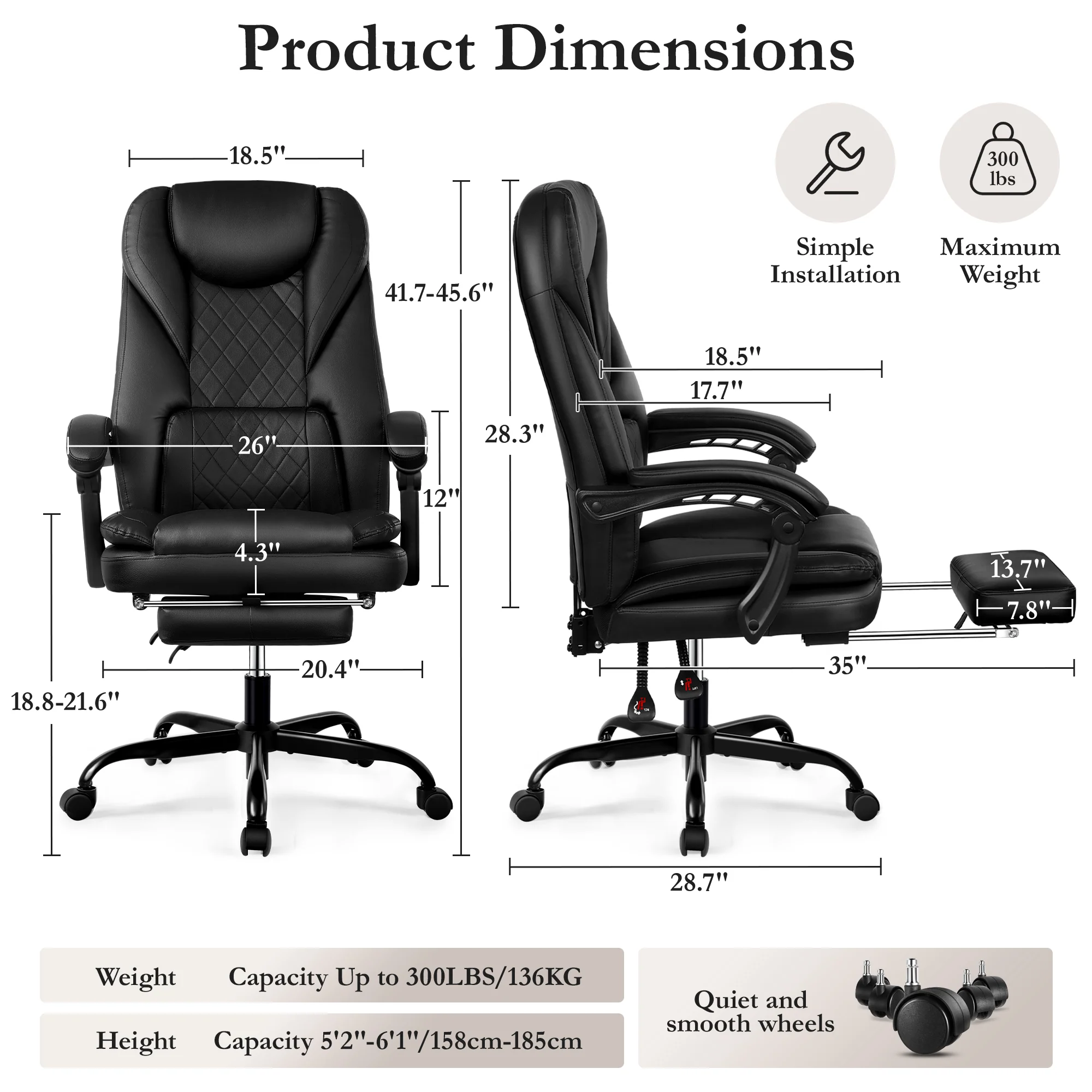Primy Premium Executive Office Chair - Big & Tall PU Leather Reclining Chair with Footrest & Lumbar Support, 400lb Heavy Duty Ergonomic Computer Desk Chair for Home/Office - Image 3