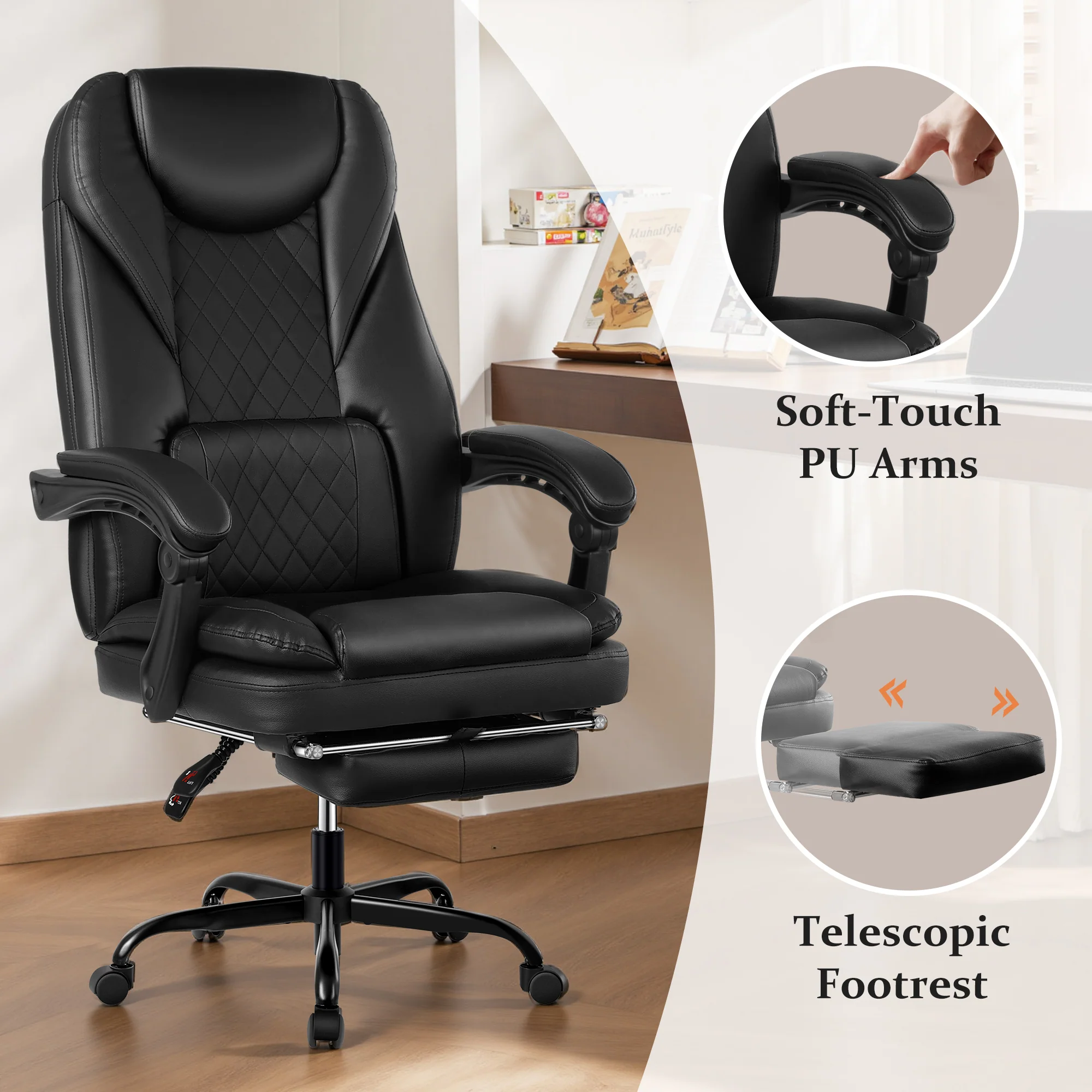 Primy Premium Executive Office Chair - Big & Tall PU Leather Reclining Chair with Footrest & Lumbar Support, 400lb Heavy Duty Ergonomic Computer Desk Chair for Home/Office - Image 6