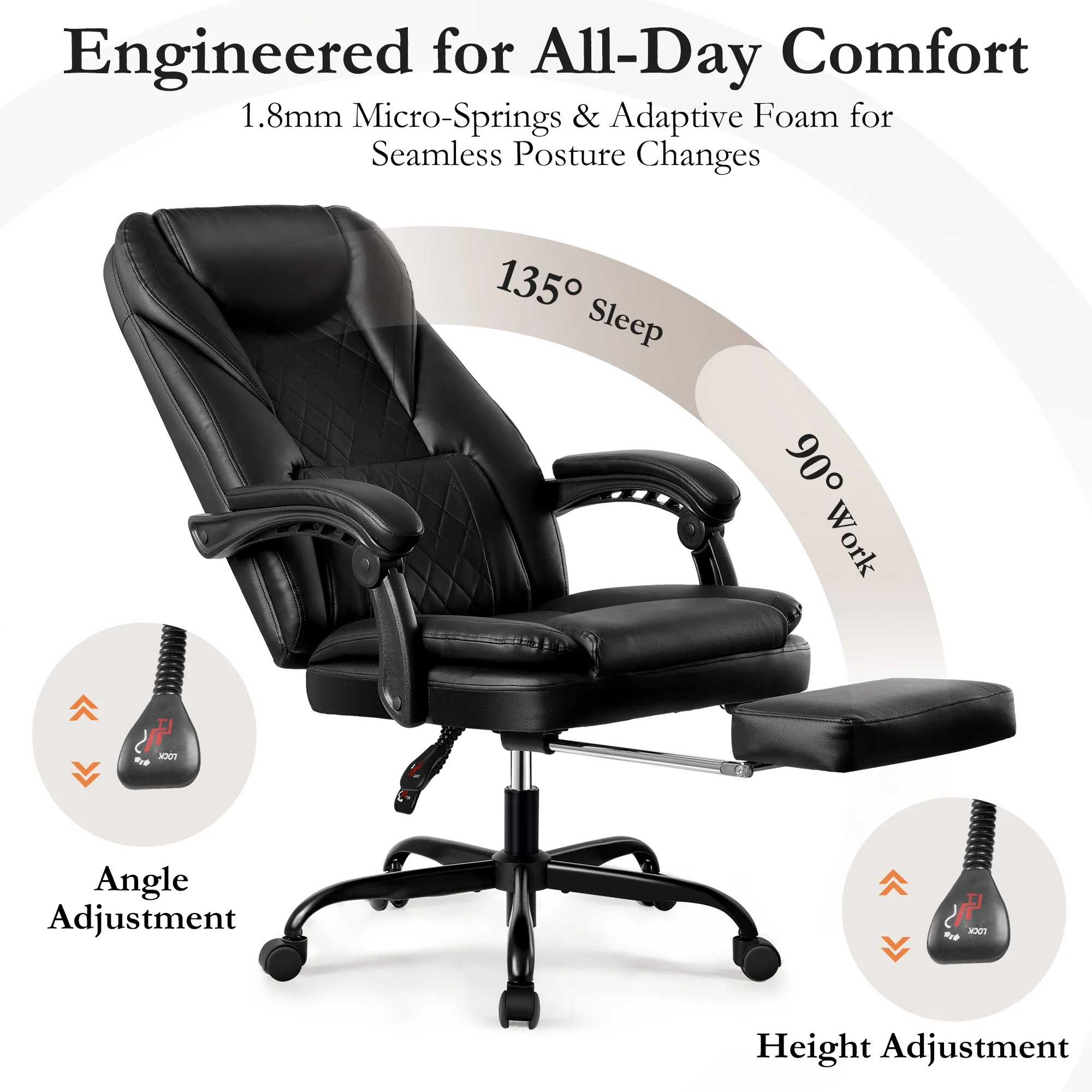 Primy Premium Executive Office Chair - Big & Tall PU Leather Reclining Chair with Footrest & Lumbar Support, 400lb Heavy Duty Ergonomic Computer Desk Chair for Home/Office - Image 7