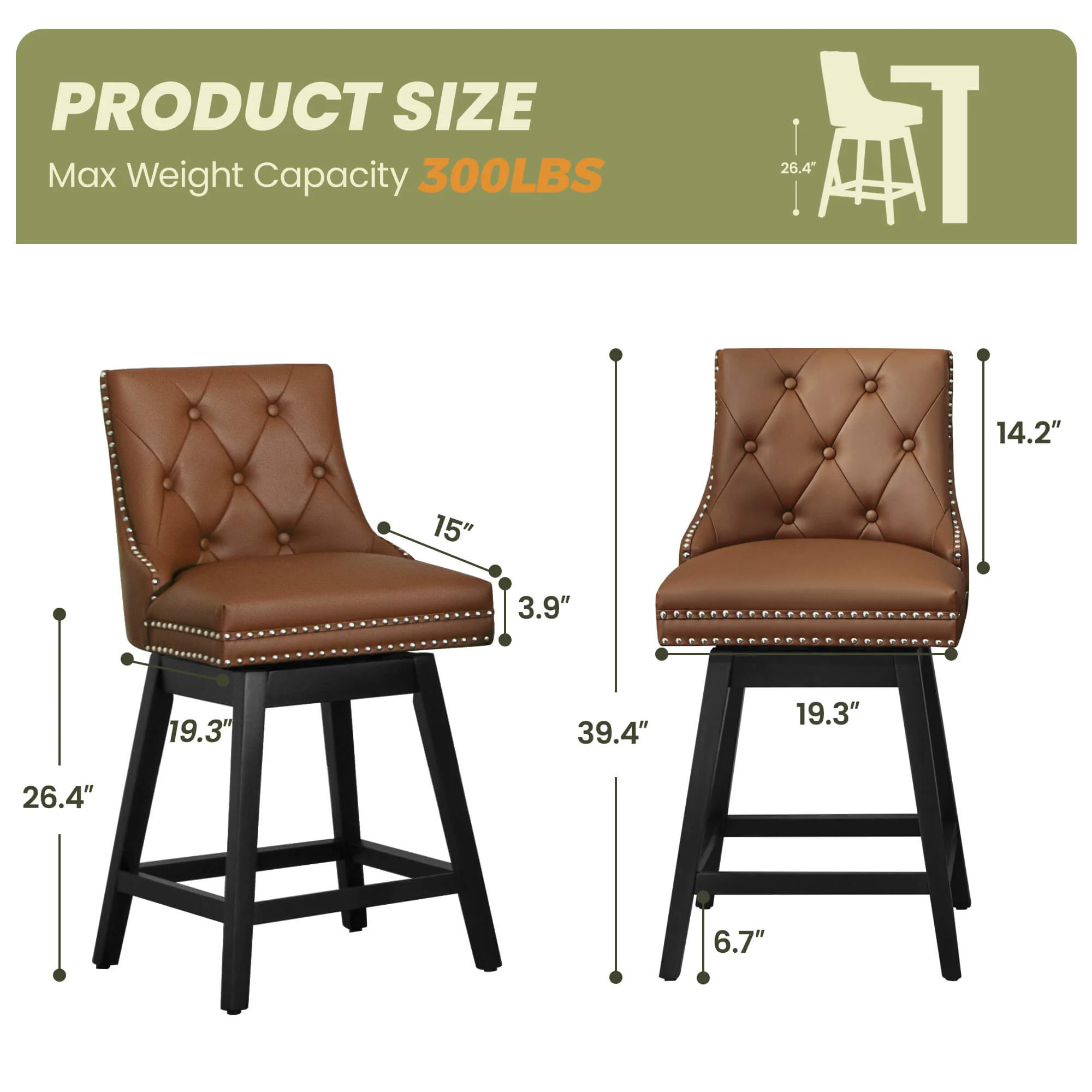 Swivel Bar Stools with Backs and Solid Wood Legs Set of 2 - Image 12