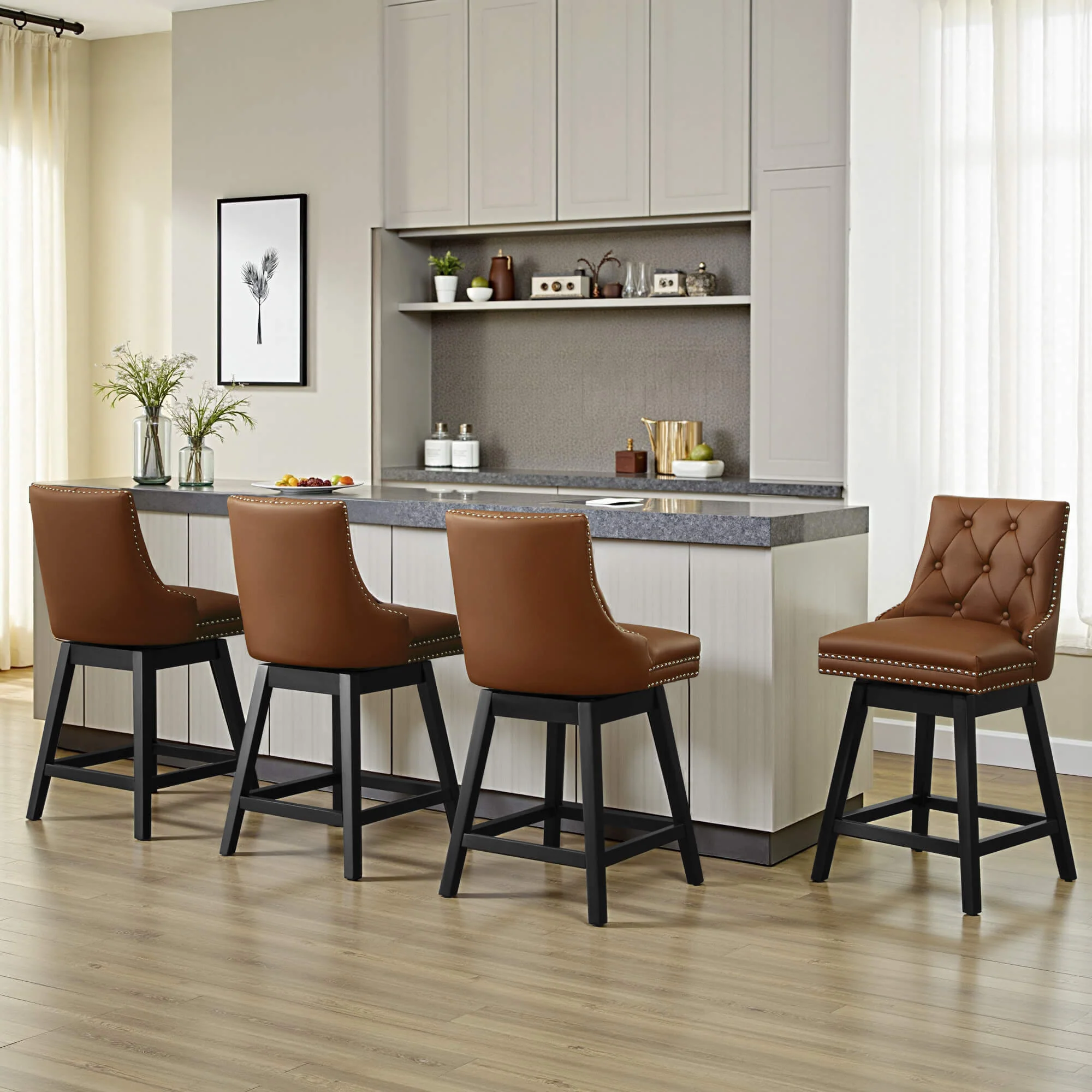 Swivel Bar Stools with Backs and Solid Wood Legs Set of 2 - Image 3